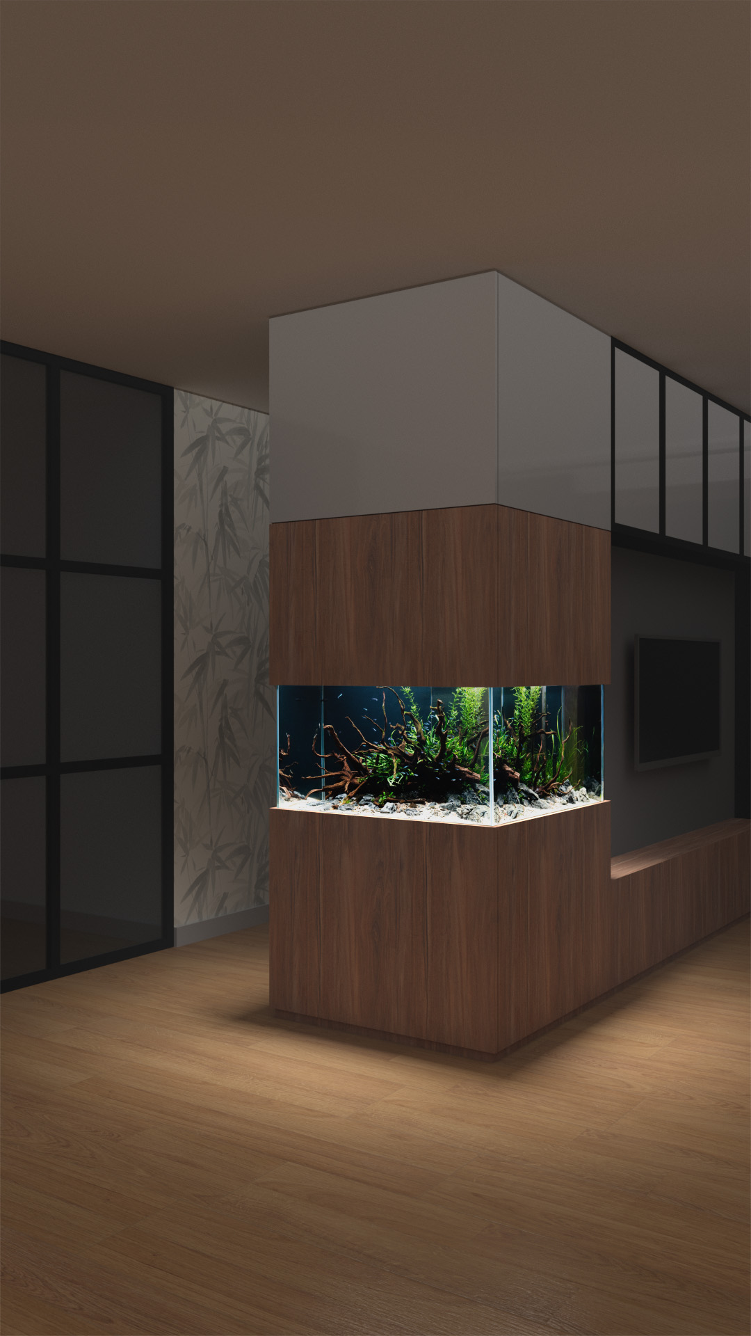 Budowa akwarium narożnego. W otwartych przestrzeniach i półściankach meblowych to ciekawe rozwiązanie optycznie powiększające akwarium.