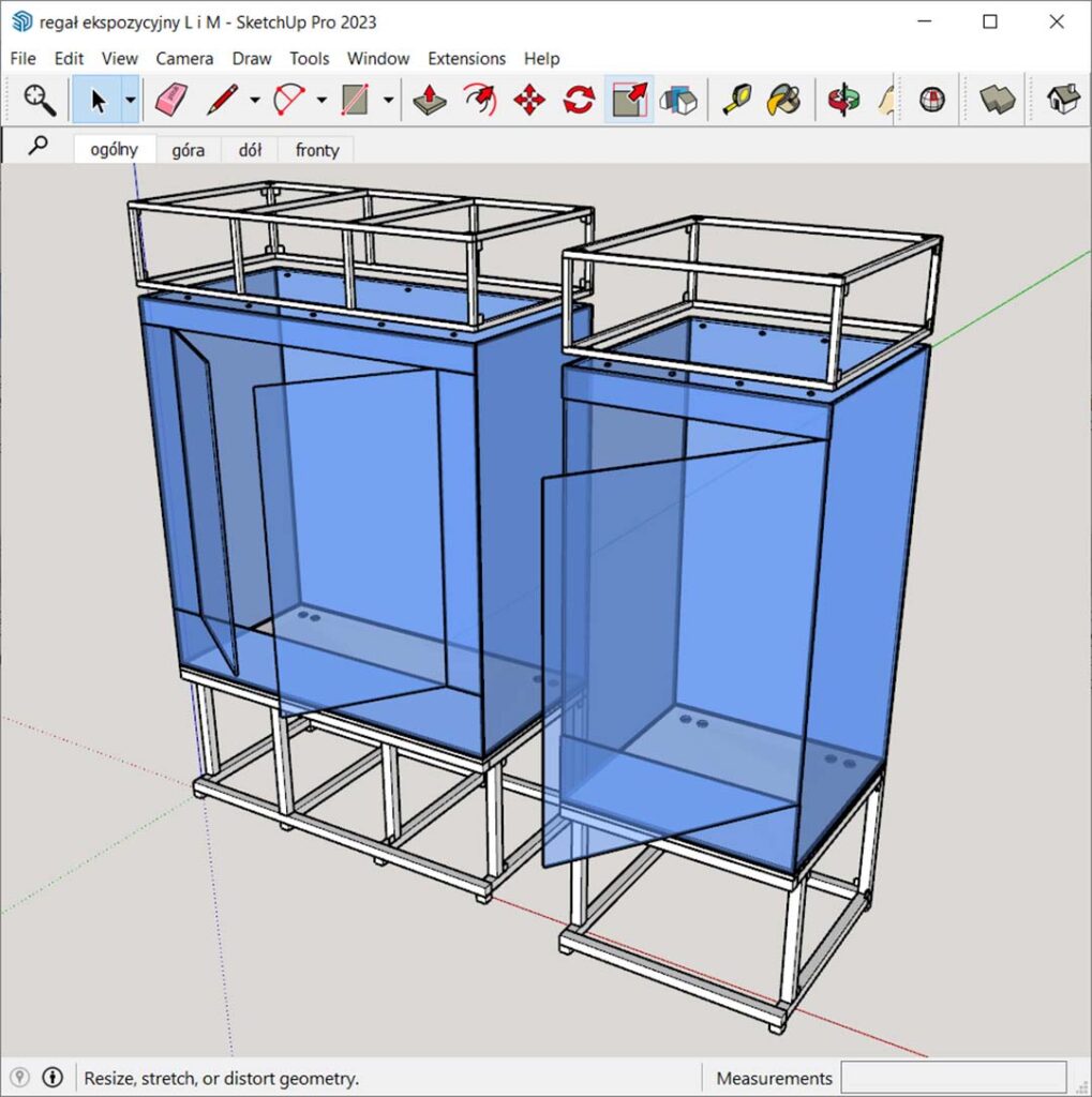 Projekt techniczny gablot terrarium szklanego, typu wiwarium włącznie z podstawą w formie nośnego stelaża stalowego.