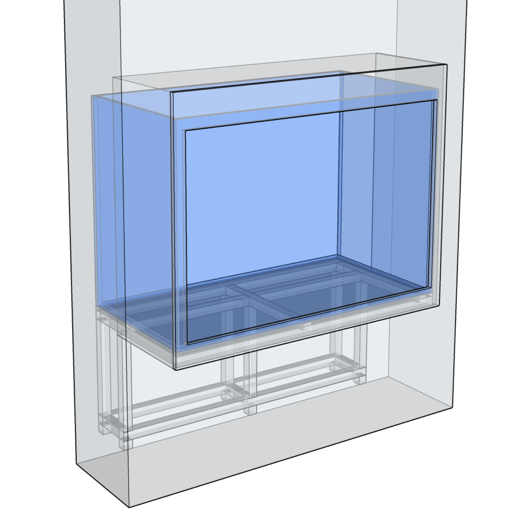 Widok rentgen akwarium w ścianie obrazujący składowe konstrukcji włącznie z frontową ramką maskującą.