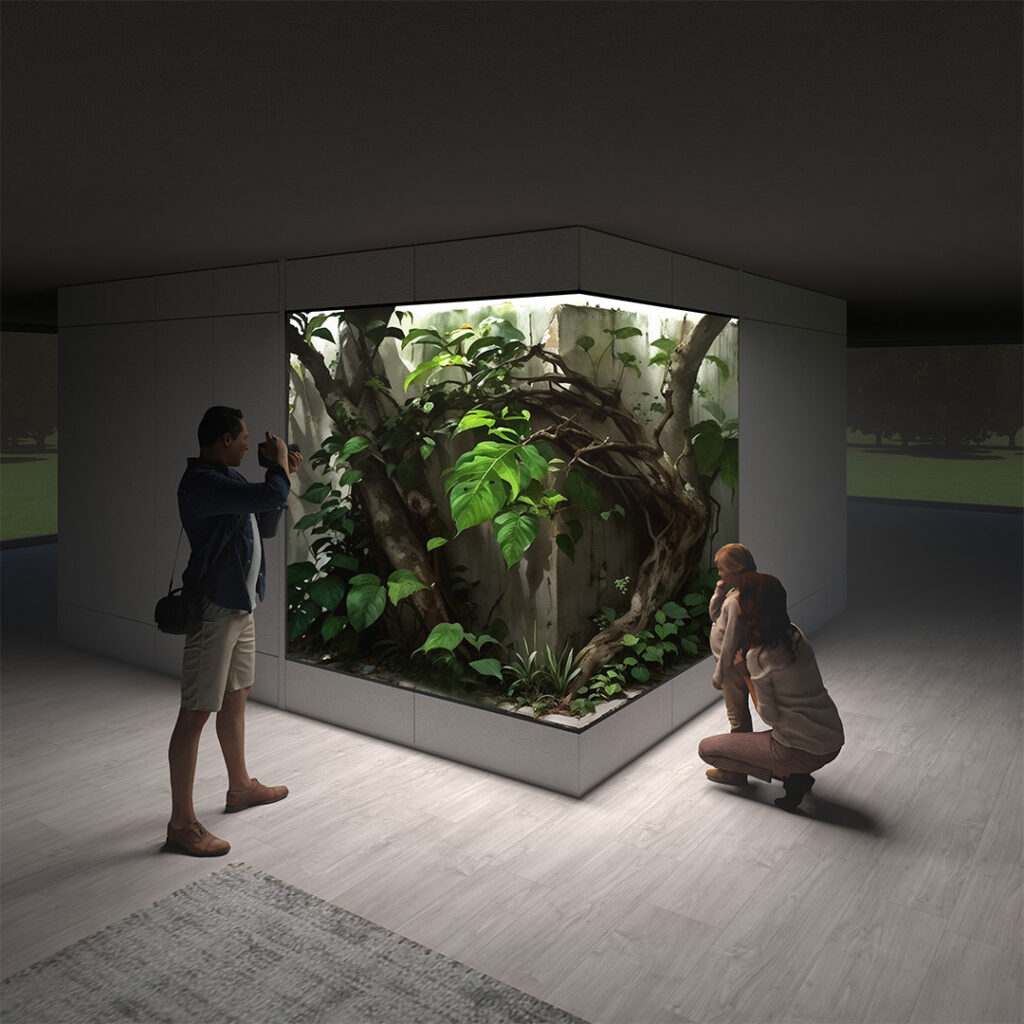 Koncepcja dwuskrzydłowego pełnościennego terrarium na parterze domu jednorodzinnego.