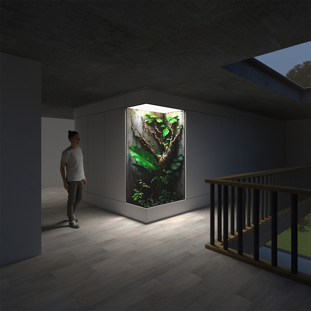 Projekt terrarium narożnego u zbiegu korytarzy.