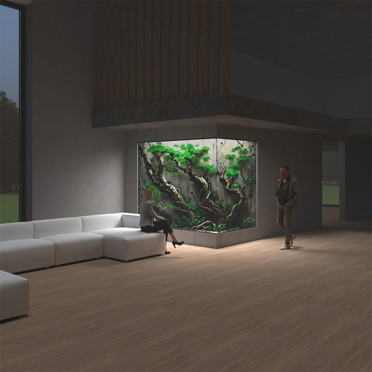 Koncepcja pełnościennego terrarium narożnego do lokalu mieszkalnego typu loft.