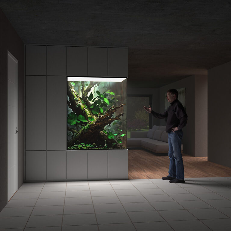 Wizualizacja narożnego terrarium z roślinami do zaadoptowania w przedpokoju.