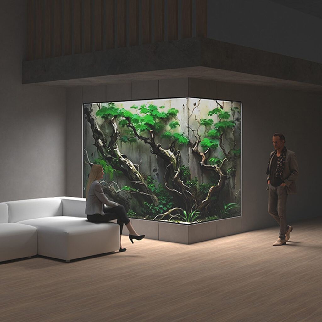 Koncepcja wielkogabarytowego habitatu tropikalnego w formie narożnego terrarium ściennego.