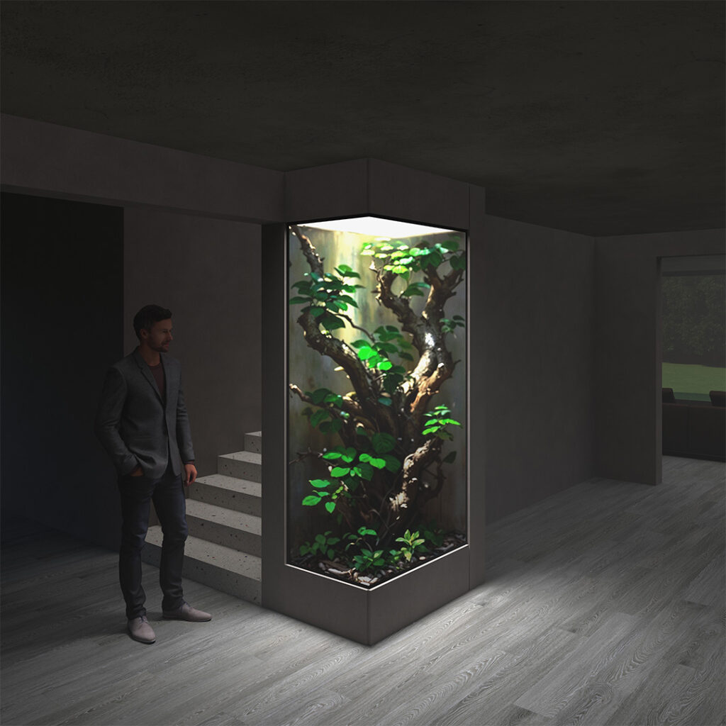 Propozycja narożnego terrarium z uchylnym frontem.