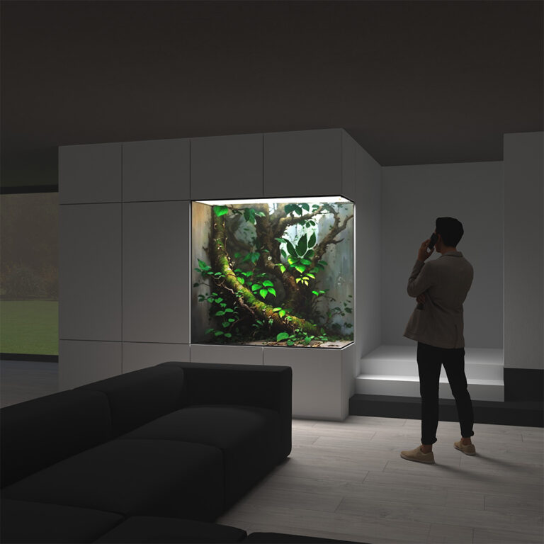 Wizualizacja narożnego terrarium roślinnego do salonu domu jednorodzinnego.