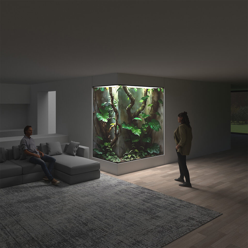 Koncepcja dużego terrarium narożnego z zapleczem technicznym w pomieszczeniu przyległym.