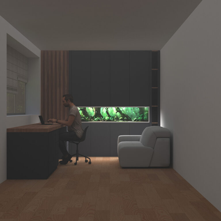 Wizualizacja podłużnego akwarium w ścianie niedużego domowego gabinetu.