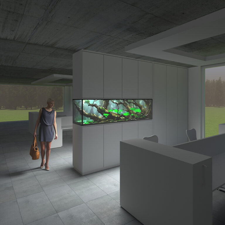 Koncepcja akwarium w ścianie meblowej dzielonej przestrzeni biurowej.