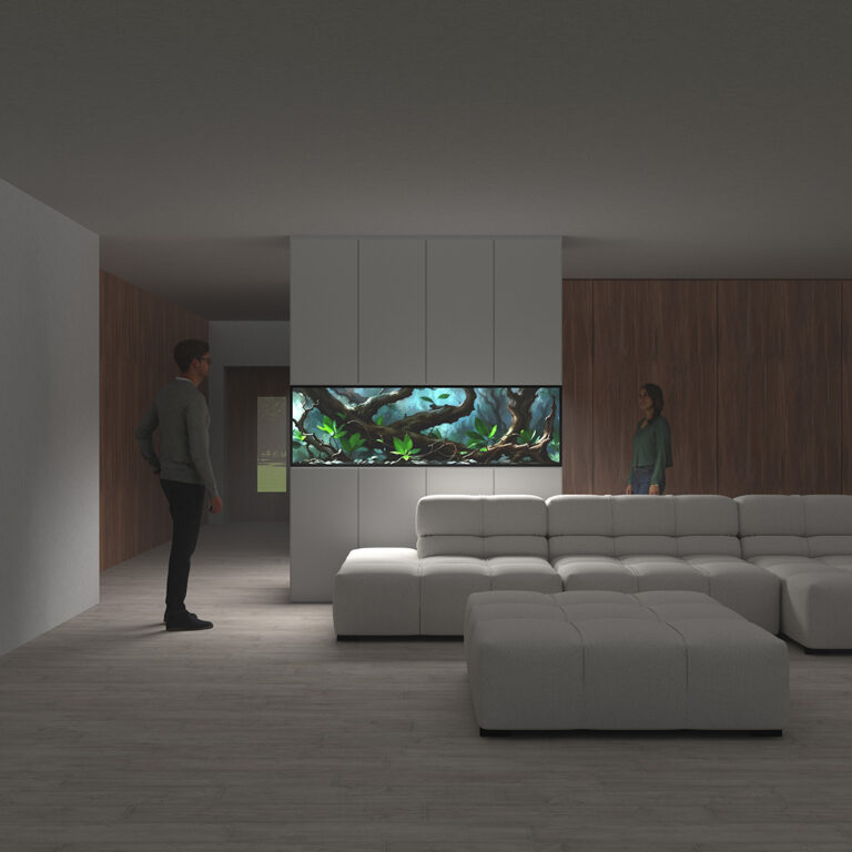 Idea wielostronnego akwarium w salonie.