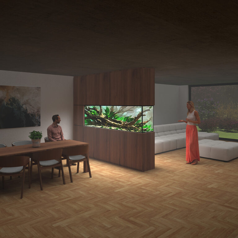 Wizualizacja dwustronnego akwarium w ścianie zabudowy meblowej.