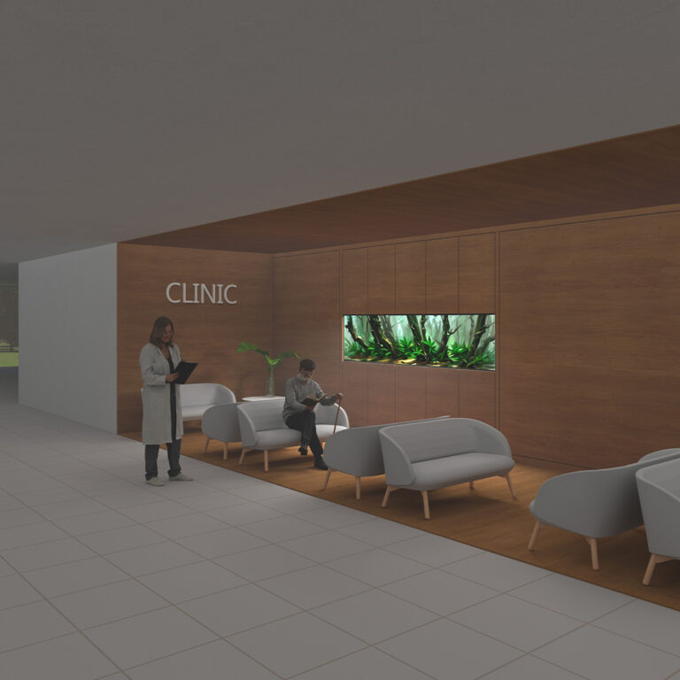 Wizualizacja wykorzystania ozdobnego akwarium w ścianie poczekalni kliniki medycznej.