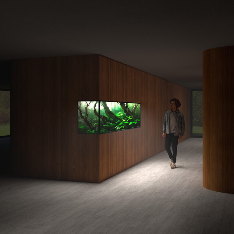 Koncepcja dużego akwarium w ścianie długiego korytarza.