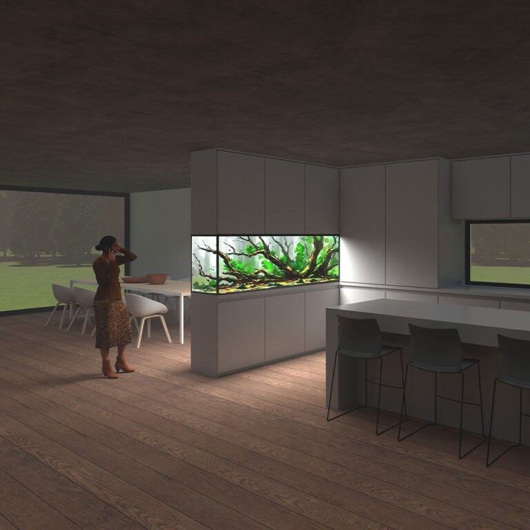 Wizualizacja wielostronnego akwarium w ściennej zabudowie meblowej oddzielającej jadalnię i kuchnię.
