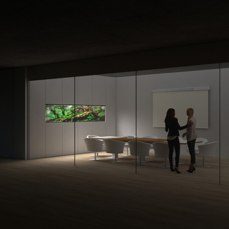 Koncepcja zastosowania akwarium w ścianie sali konferencyjnej biura.