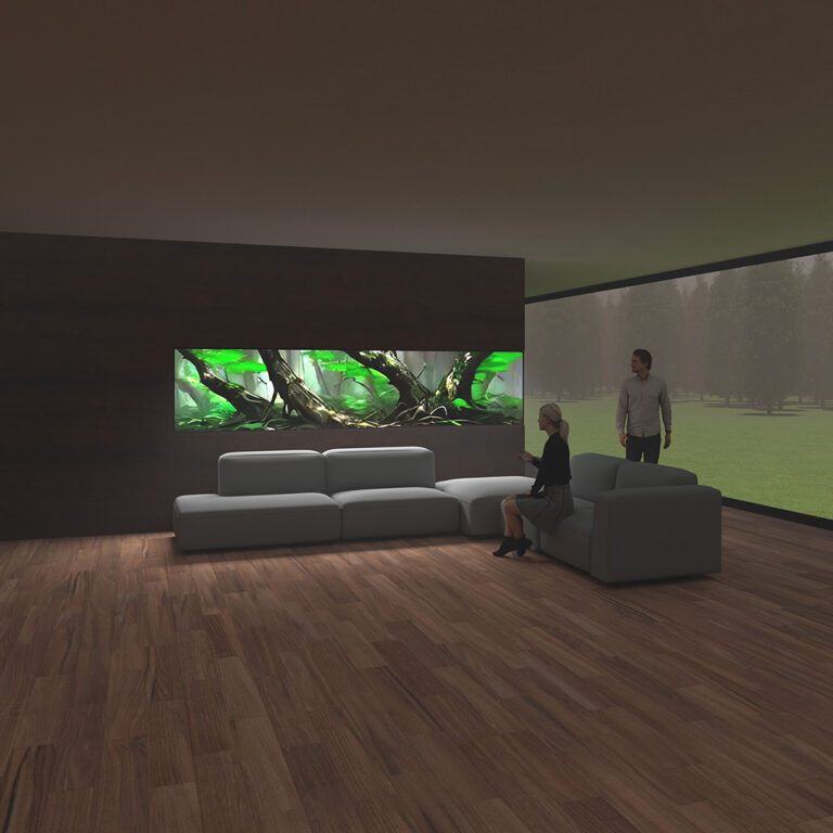 Wizualizacja możliwości dekoracyjnych dużego akwarium w ścianie salonu domu jednorodzinnego.