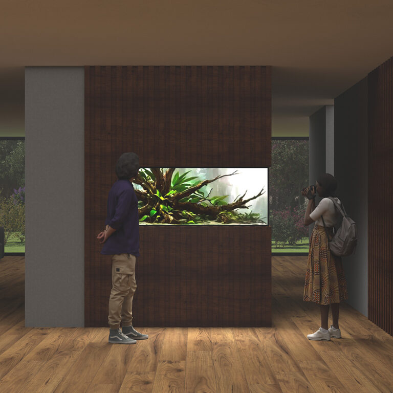 Idea akwarium w ścianie i zabudowie meblowej holu domu jednorodzinnego.