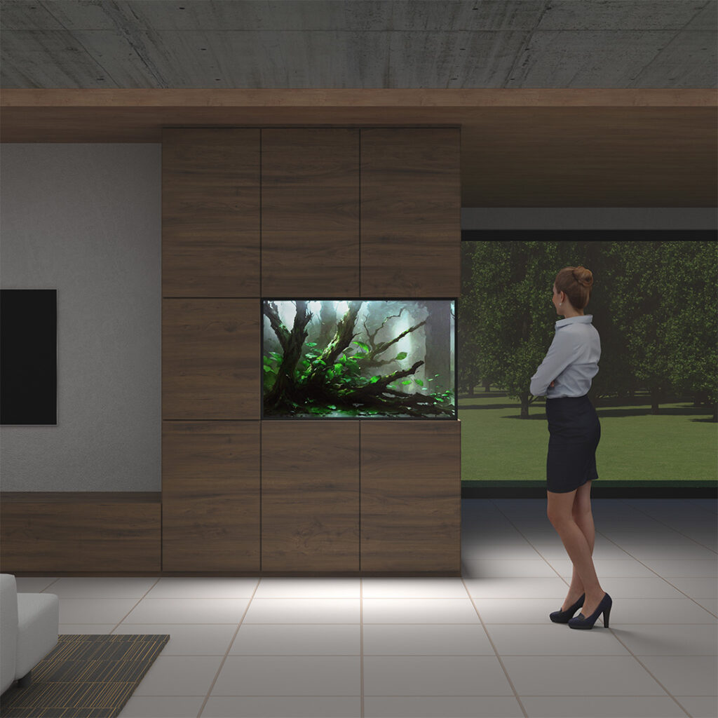 Koncepcja niedużego akwarium 120cm w ciągu zabudowy meblowej. Połączenie przyjemnego z pożytecznym.