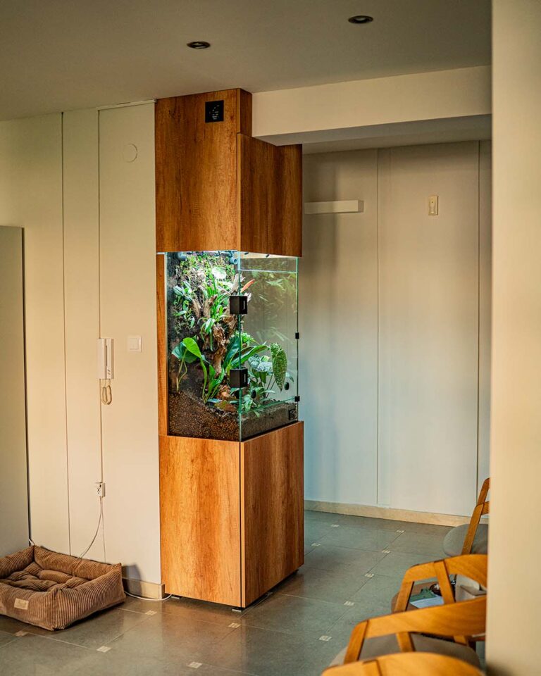 Roślinne terrarium szklane w zabudowie meblowej w formie słupka.