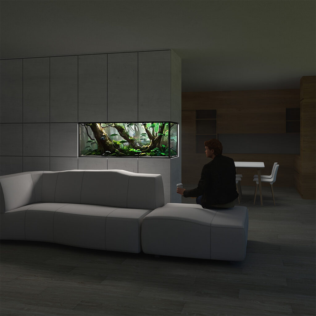 Wizualizacja średniego akwarium 500l o długości zbiornika 150cm. Akwarium jednolite z ciągiem zabudowy meblowej.