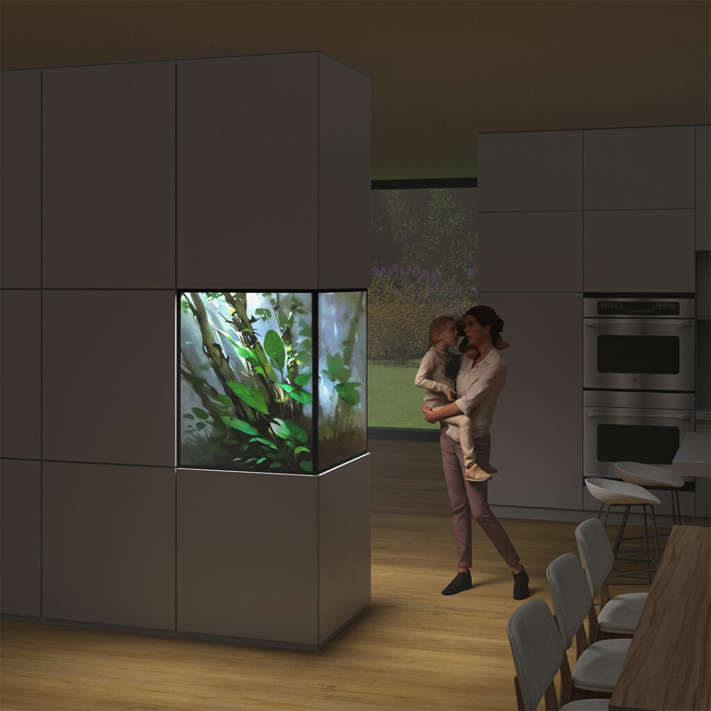 Koncepcja akwarium 500l w formie słupka lub kostki. Wielostronne akwarium zwykle znajduje zastosowanie na granicy kuchni i jadalni.
