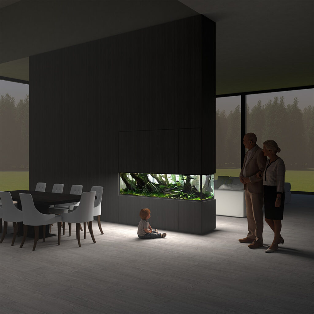 Wizualizacja 2-metrowego akwarium 500l do obszernego salonu. Podłużny, ale wąski zbiornik może stanowić subtelne wykończenie wnętrza.