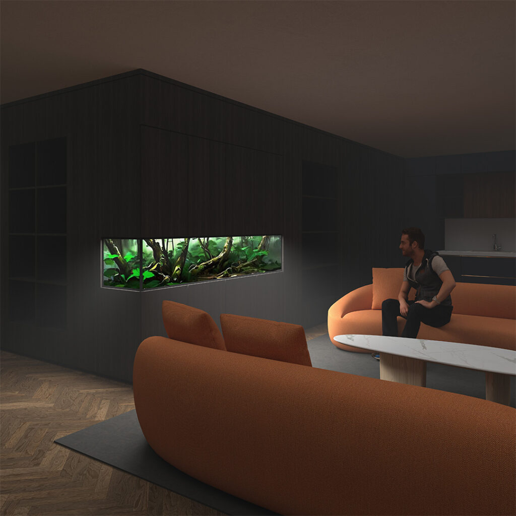 Propozycja projektu akwarium 220cm typu jamnik. Długi, ale wąski zbiornik o niedużej pojemności 500l.