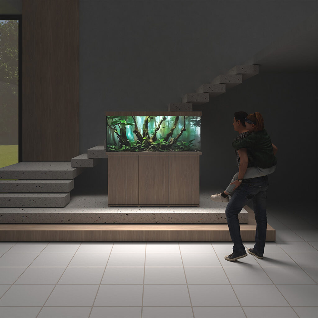 Wizualizacja wykorzystania zestawu akwariowego Juwel RIO 450 jako uzupełnienie klatki schodowej domu jednorodzinnego.