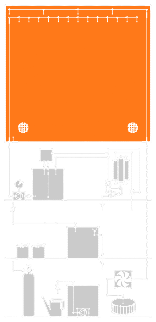 Schemat ideowy automatycznych instalacji hydraulicznych i wentylacji dużego terrarium roślinnego.