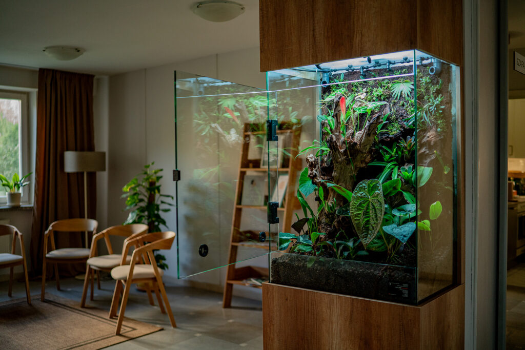 Nowoczesne terrarium tropikalne w poczekalni poradni psychologicznej.