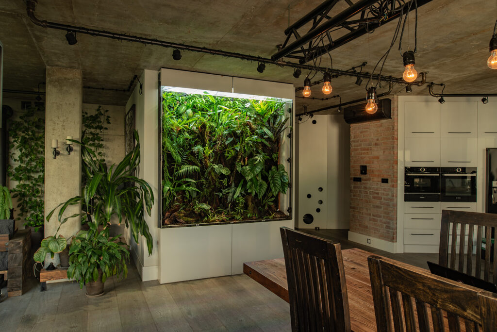Ścienne terrarium roślinne w salonie apartamentu mieszkalnego.